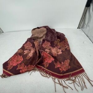 V. Fraas Cashmink Burgundy Floral Damask Scarf Reversible Made in Germany Fringe